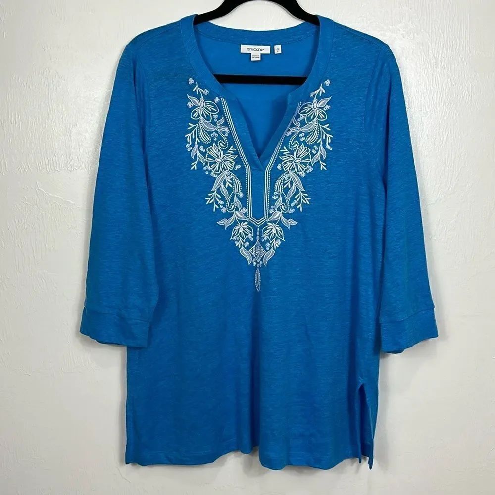 Chico’s Blue Linen 3/4 Sleeves White Embroidery Blouse Top Size L